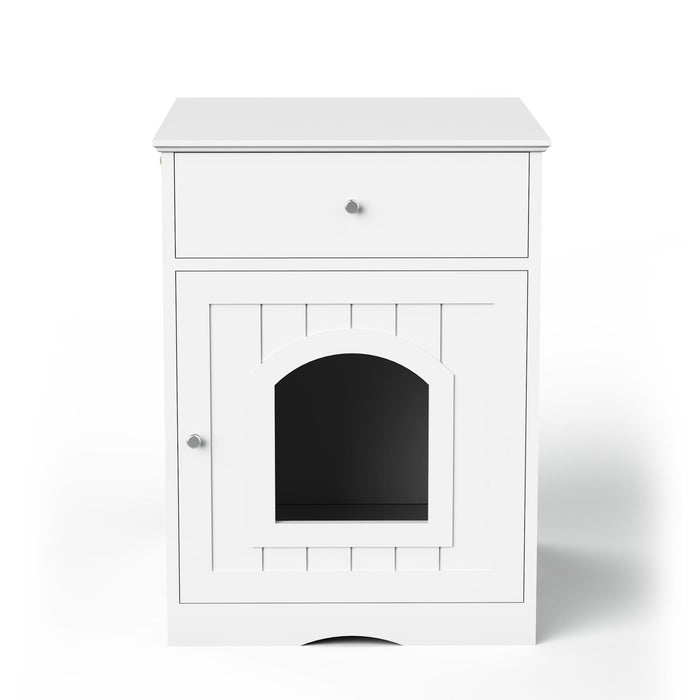 Wooden Pet House Litter Box Fence With Drawers, Side Table, Indoor Pet Cage, Cat Home Bedside Table - White