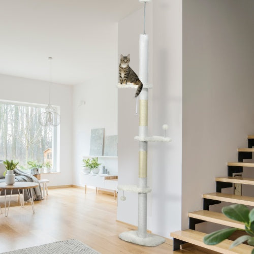 PawHut Floor To Ceiling Cat Tree With Scratching Posts, 88.5-100.5 Adjustable Height, Cat Climbing Tower With Cloud Shape Platforms, Toy Balls, Anti-toppling Device, White