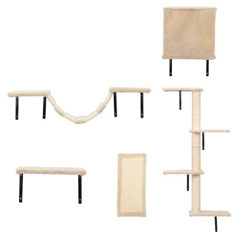Wall Mounted Cat Climbing Frame Set, Floating Cat Frame And Perch, Cat Activity Tree With Grab Post, Modern Cat Furniture, Beige