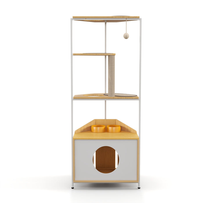 Corner Cat Tower, Cat Tree With Scratch Columns, Cat Apartment With Feeding Station And Climbing Platform, Pet Furniture For Indoor Cats
